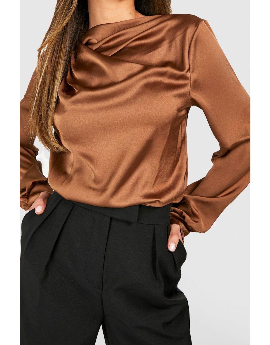 Satin Twist Neck Blouse - caramel - 3