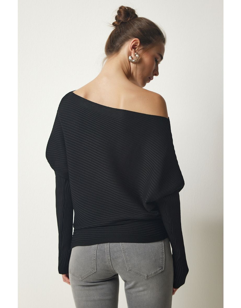 Women's Black Asymmetrical Collar Corduroy Sweater - 5