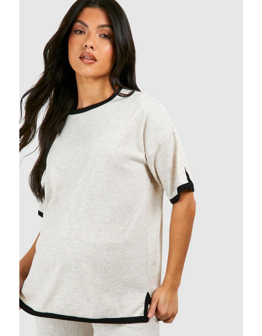 Maternity Contrast Binding Rib Loungewear Set - oatmeal - 3