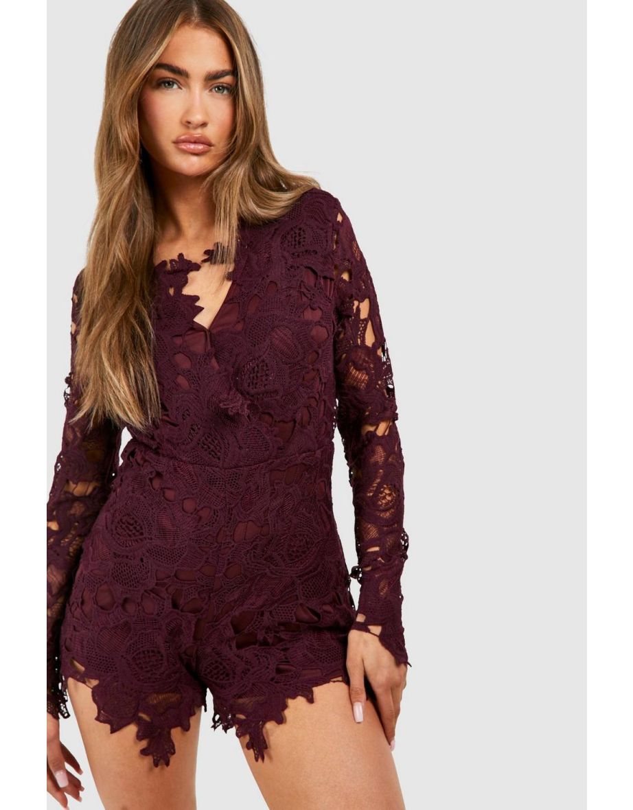 Crochet Long Sleeve Playsuit - purple - 3