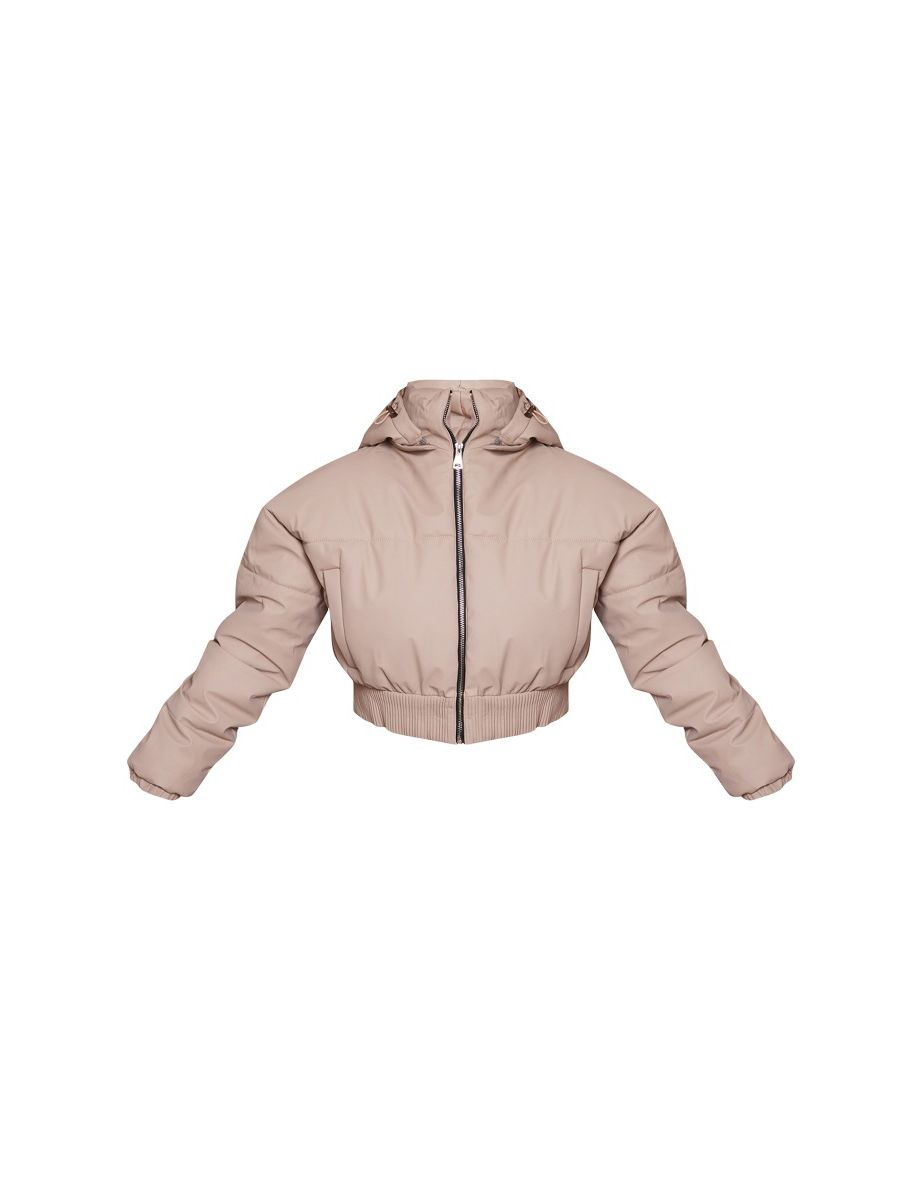 Stone Ribbed Hem Detachable Hood Cropped Puffer Jacket - 4