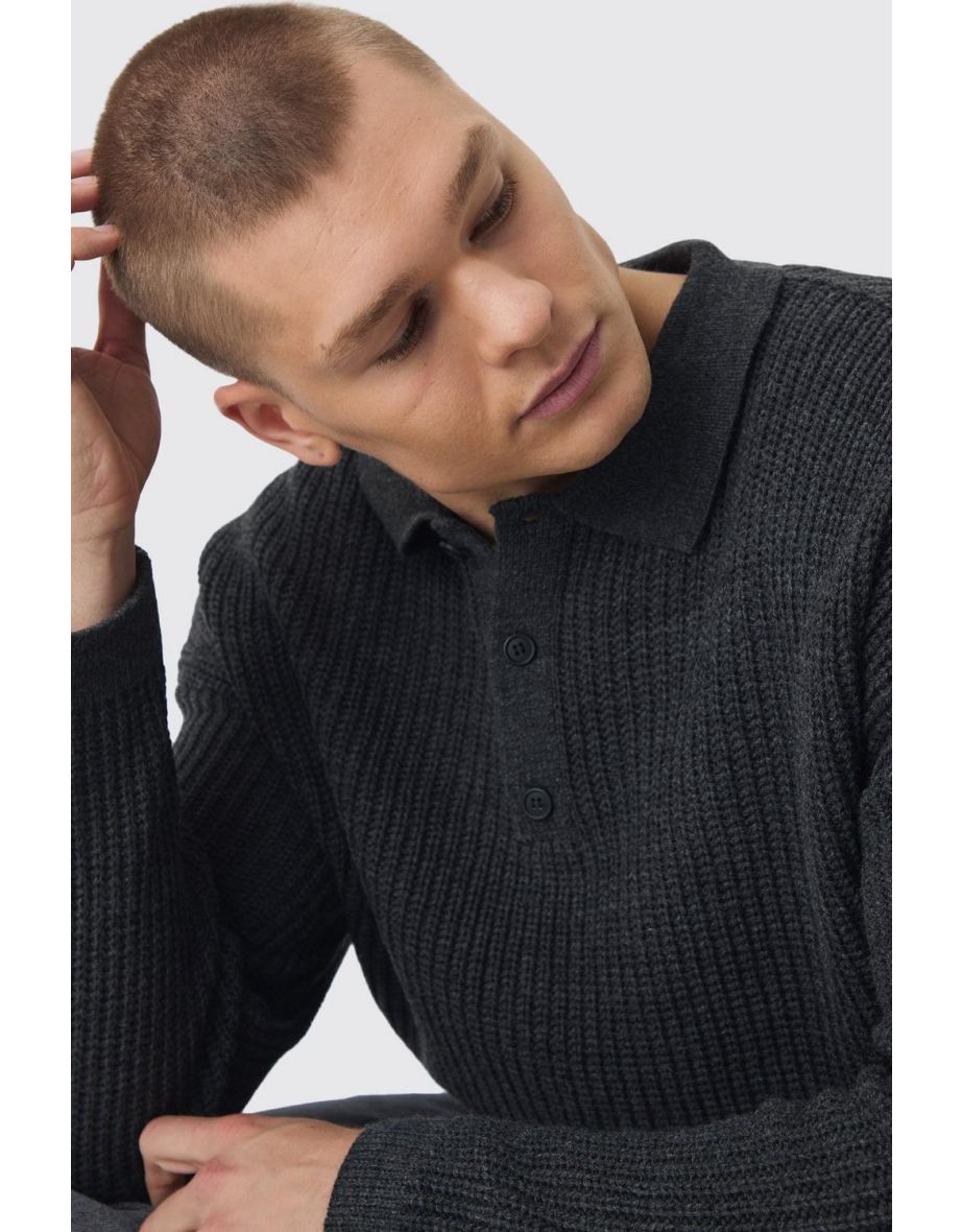 Oversized Boxy Chunky Knit  Polo Jumper - charcoal - 2