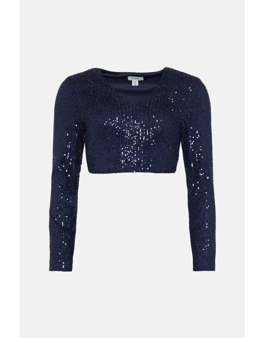 Sequin V Neck Long Sleeve Top - 3