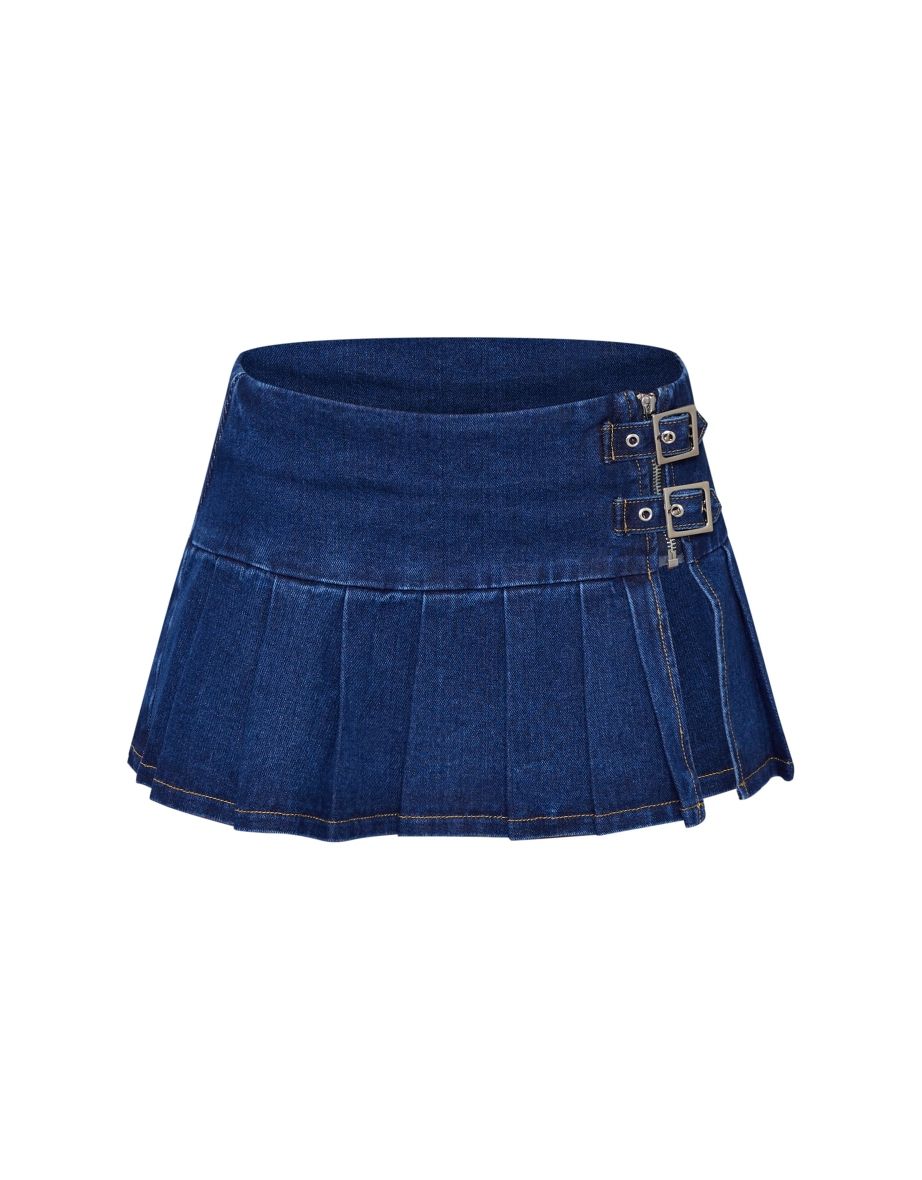 Indigo Vintage Wash Denim Buckle Detail Ultra Mini Skirt - 5