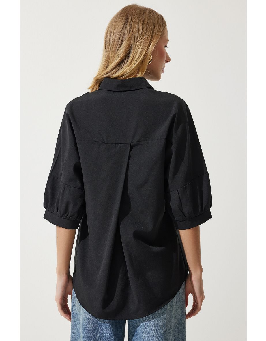 Women's Black Balloon Sleeve Poplin Shirt - 5