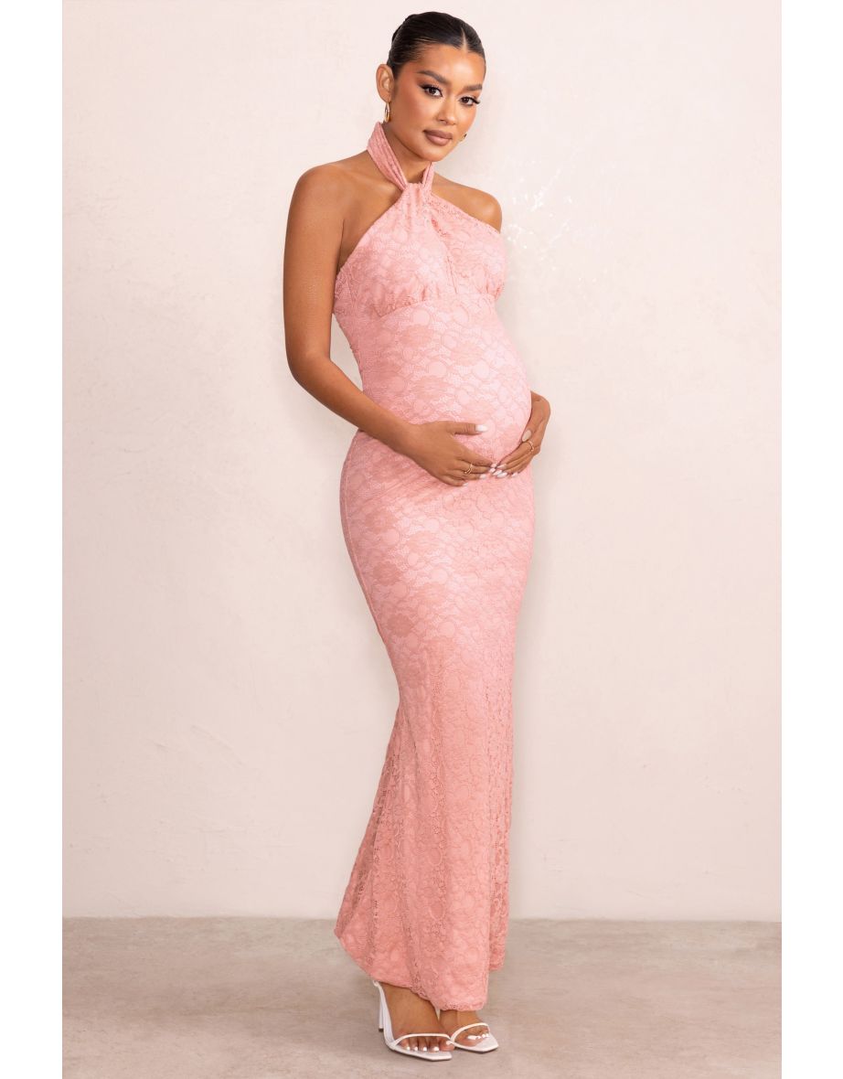 Zora | Blush Pink Halter Neck Maternity Maxi Dress with Keyhole Cut Out - 3