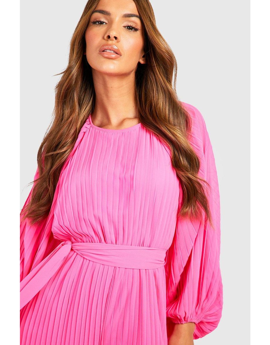 Pleated Long Sleeve Culotte Jumpsuit - bright pink - 3