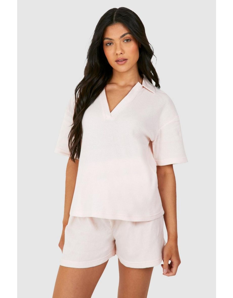 Maternity Waffle Collared Shirt And Short Lounge Set - light pink