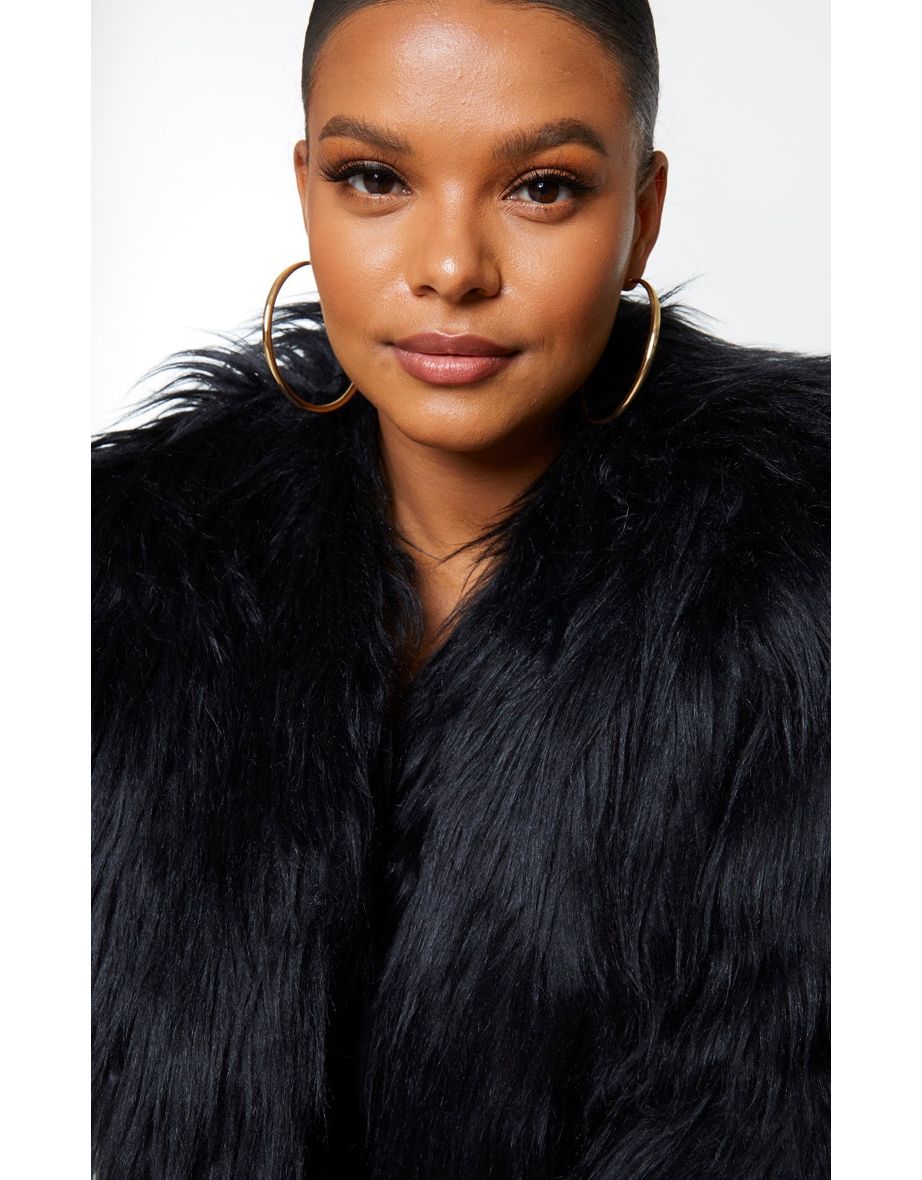 Plus Black Faux Fur Shaggy Cropped Jacket - 3