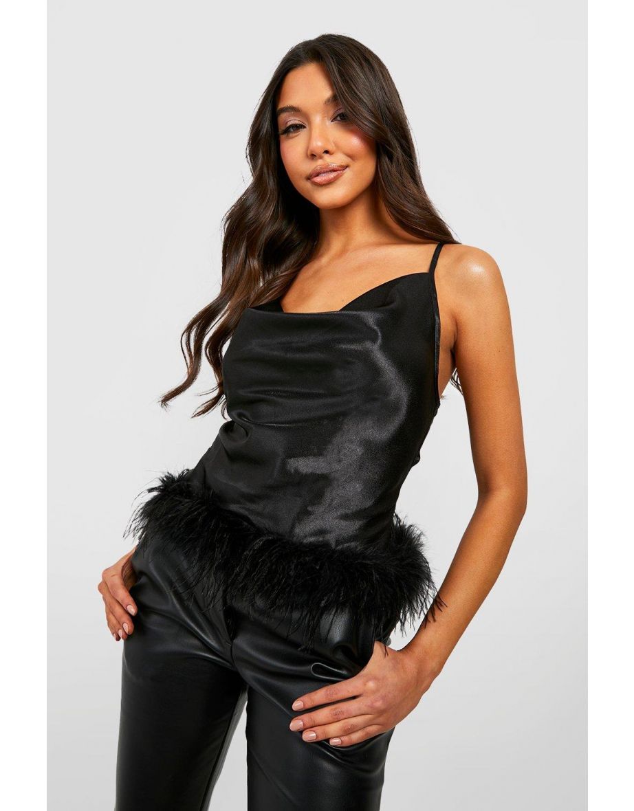 Satin Cowl Front Feather Hem Top - black