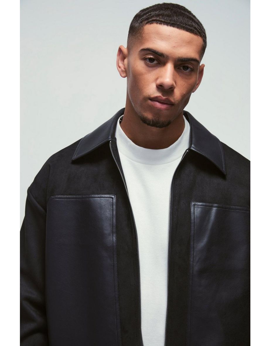 Faux Suede Smart Harrington with PU Panels in Black - 2