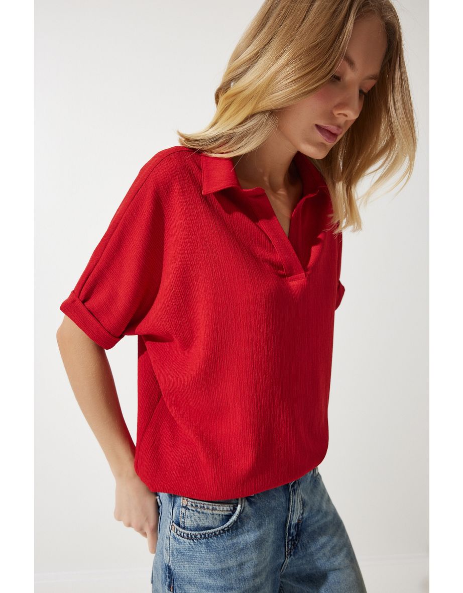Women's Red Polo Neck Knitted Crinkle Blouse