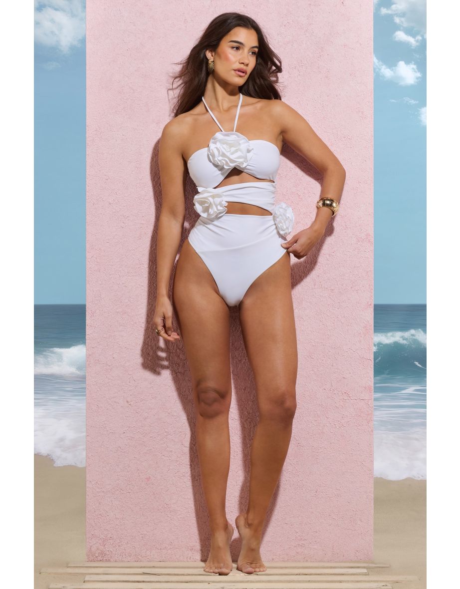 Monaco | White Halter-Neck Swimsuit With Corsages - 3