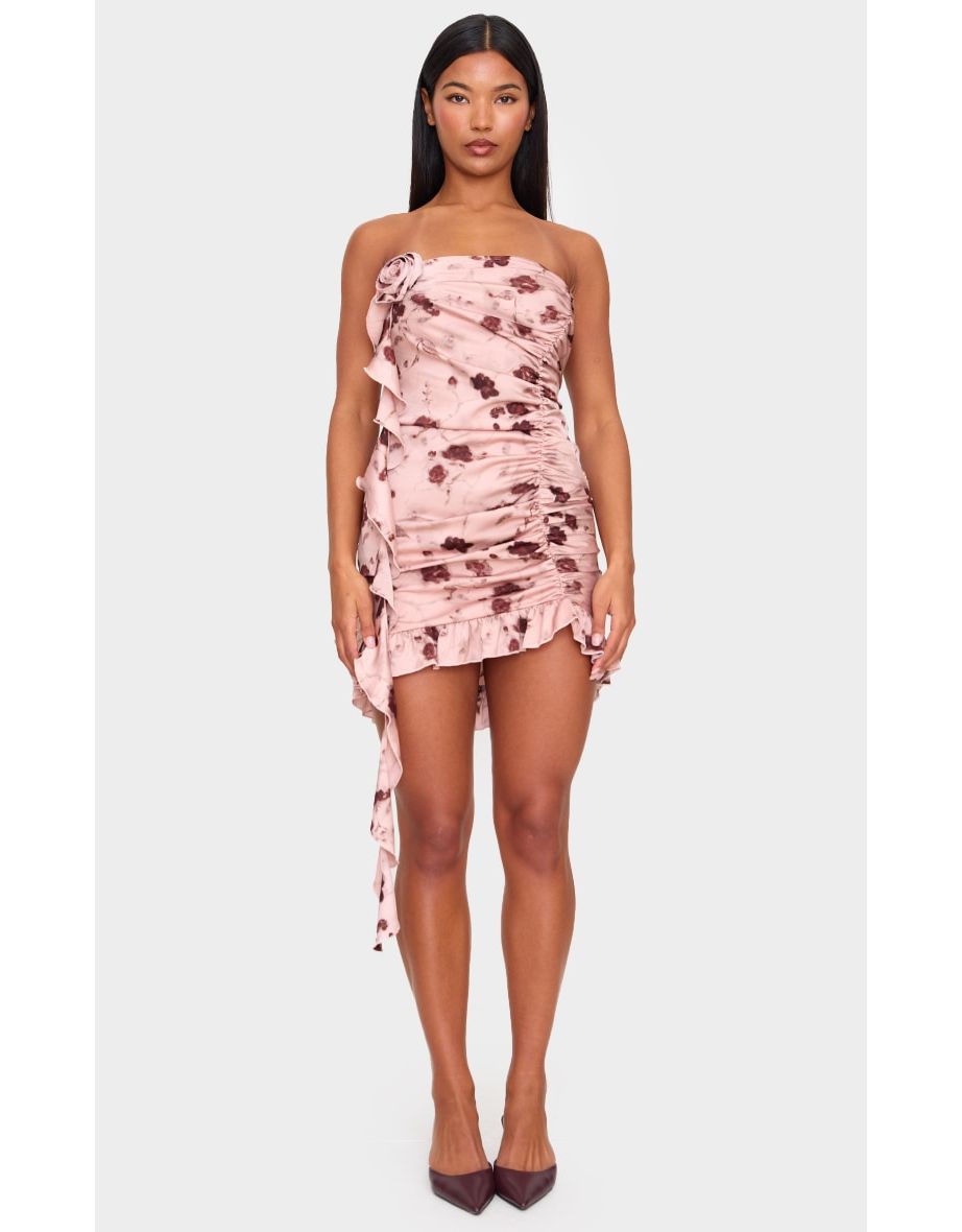 Light Pink Floral Satin Rose Detail Mini Dress