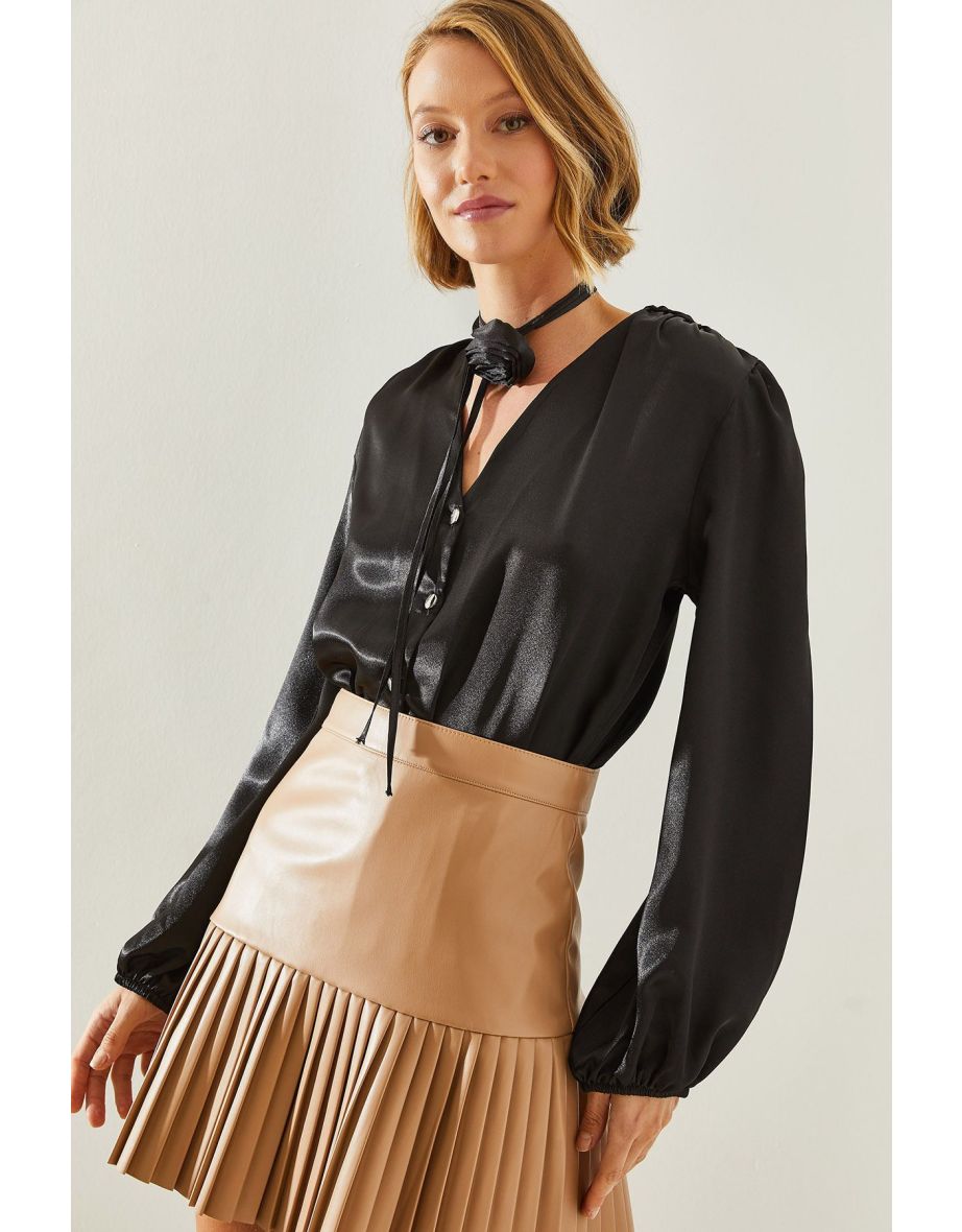 Women's V-Neck Shoulder Pleated Floral Accessory Satin Shirt - 5