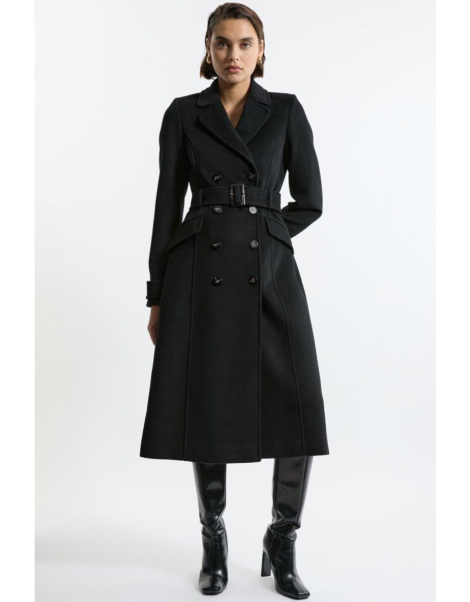 Tailored Wool Blend Double Breasted Belted Coat