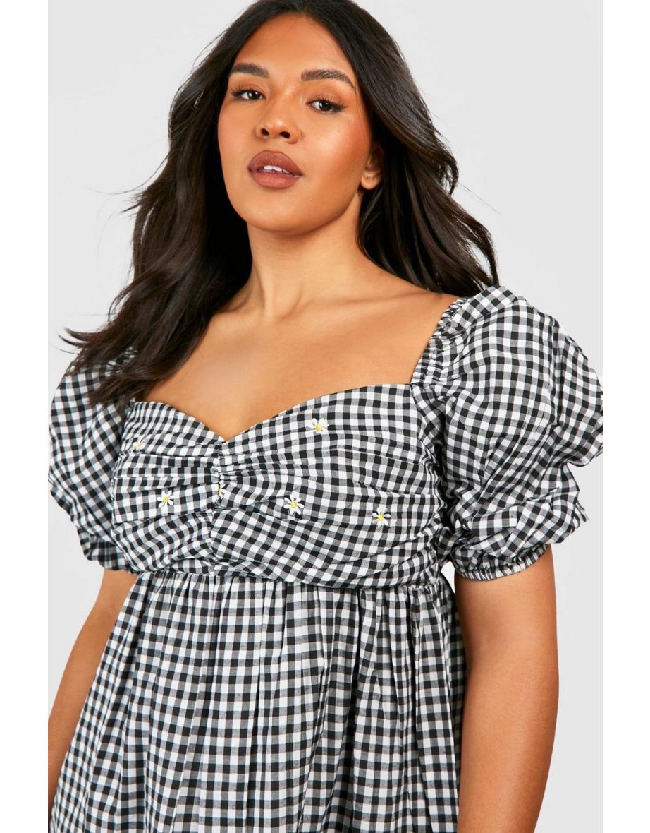 Plus Daisy Embroidered Gingham Midi Dress - black - 3