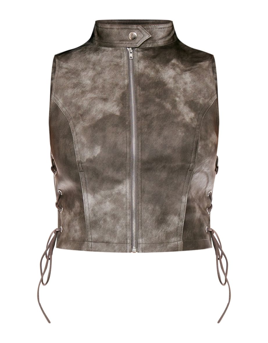 Charcoal Washed Faux Leather High Neck Sleeveless Lace Side Top - 4