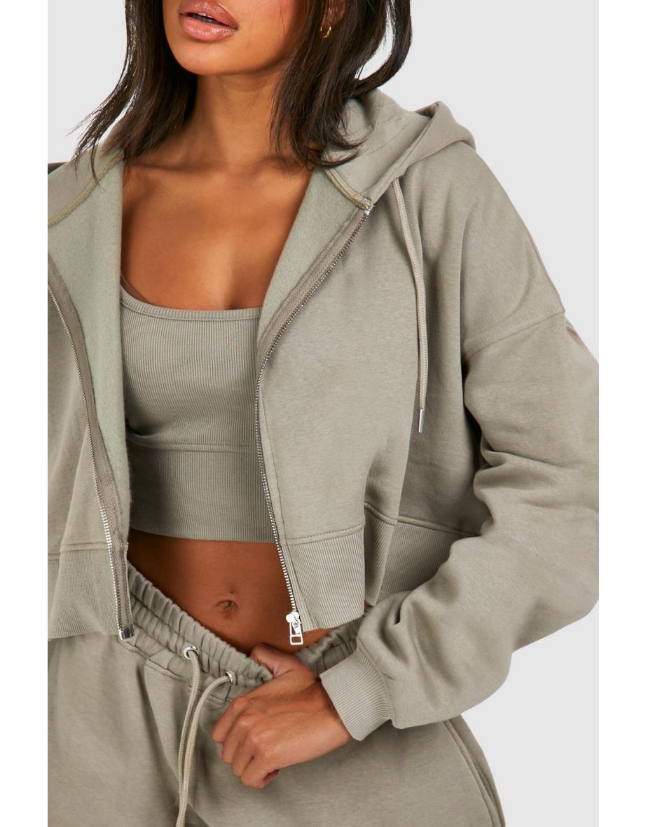Deep Hem Crop Top 3 Piece Hooded Tracksuit - washed khaki - 3