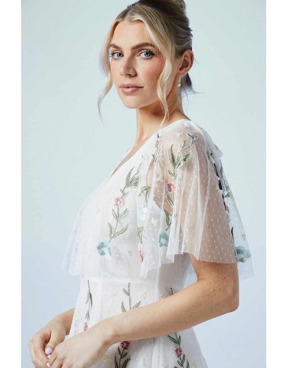 Ditsy Floral Angel Sleeve Embroidered Mesh Wedding Dress - 3