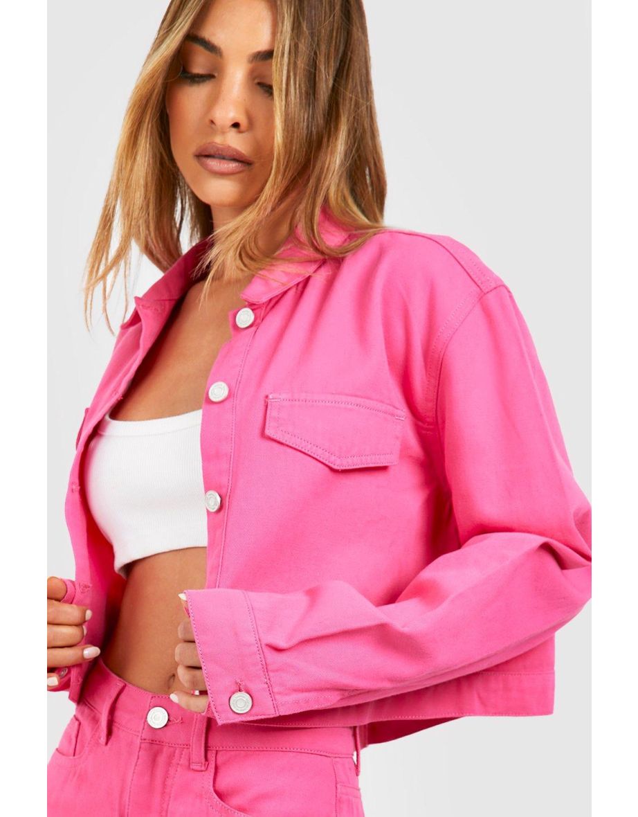 Pink Cropped Denim Jacket - hot pink - 3