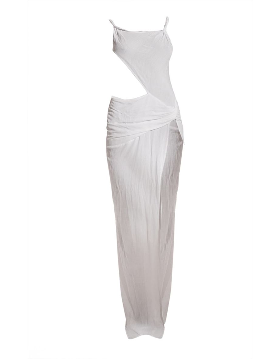 White Sheer Asymmetrical Textured Twist Cut Out Maxi Dress - 4