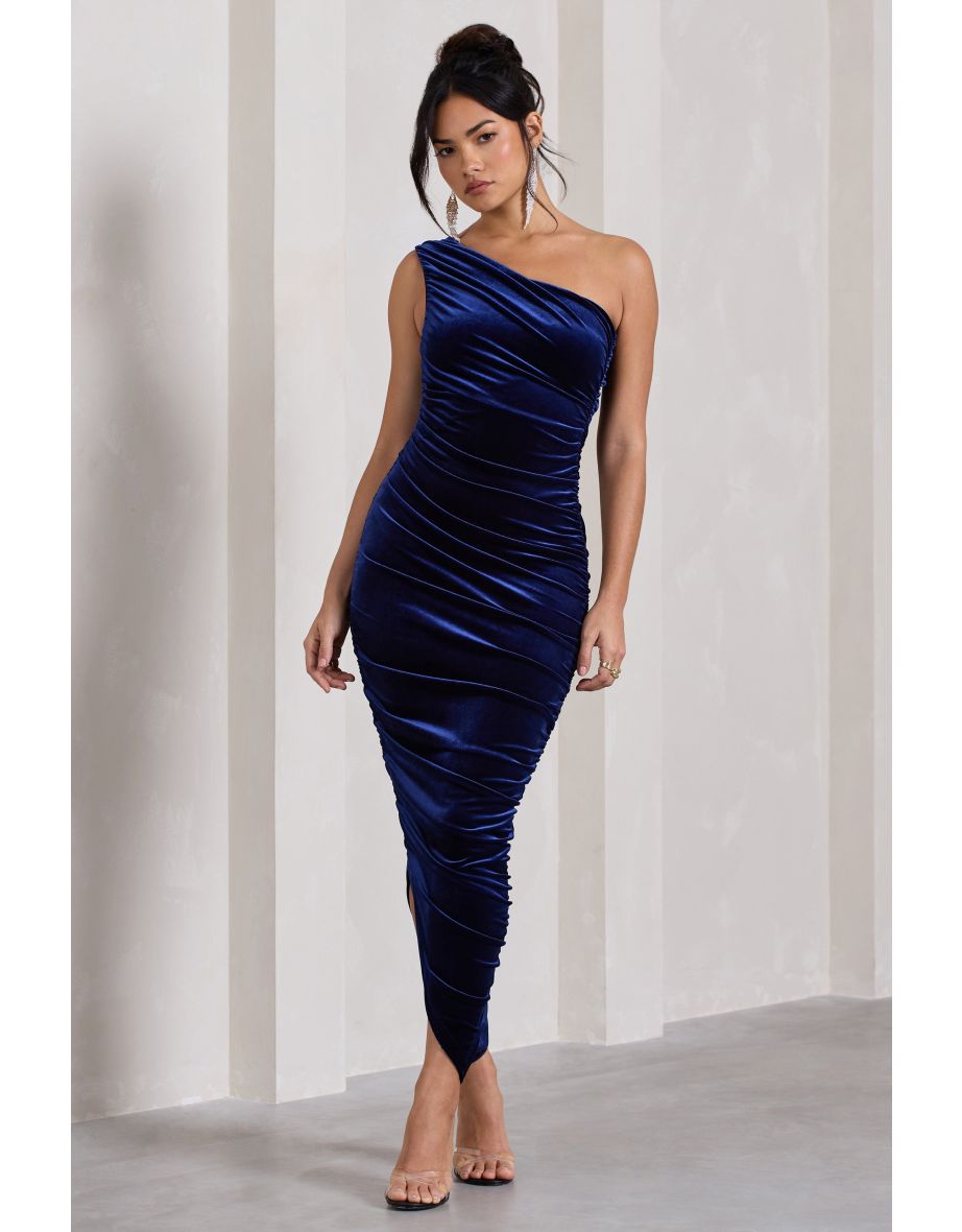 Dorit | Navy Velvet One Shoulder Asymmetric Ruched Midi Dress