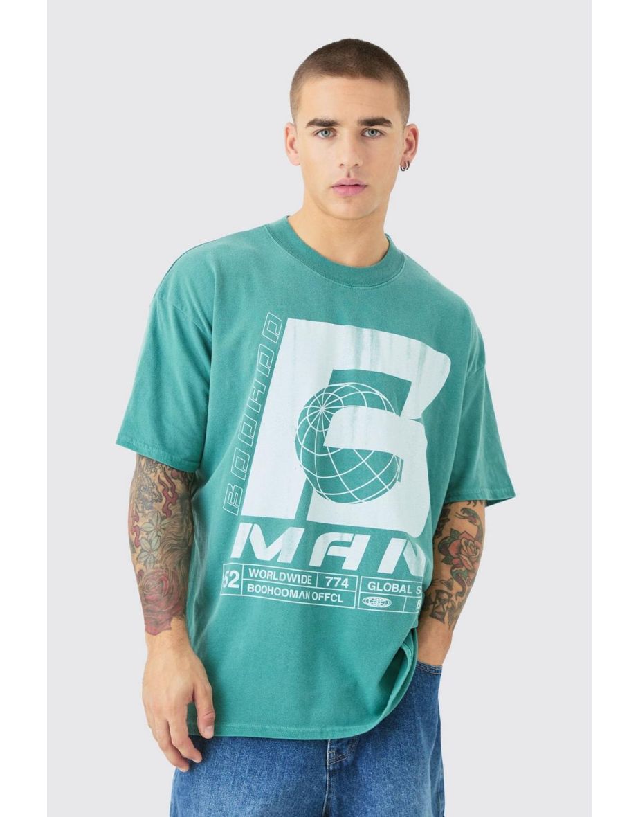 Oversized Washed Geometric B Print T-shirt - forest