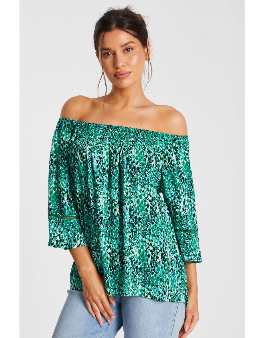 Green Leopard Print Bardot Top