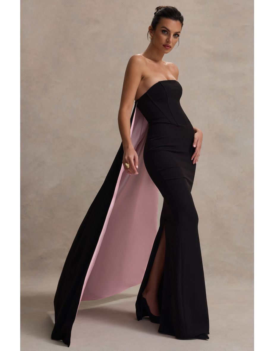 She's Trouble | Black Bandeau Maxi Dress With Pink Cape
