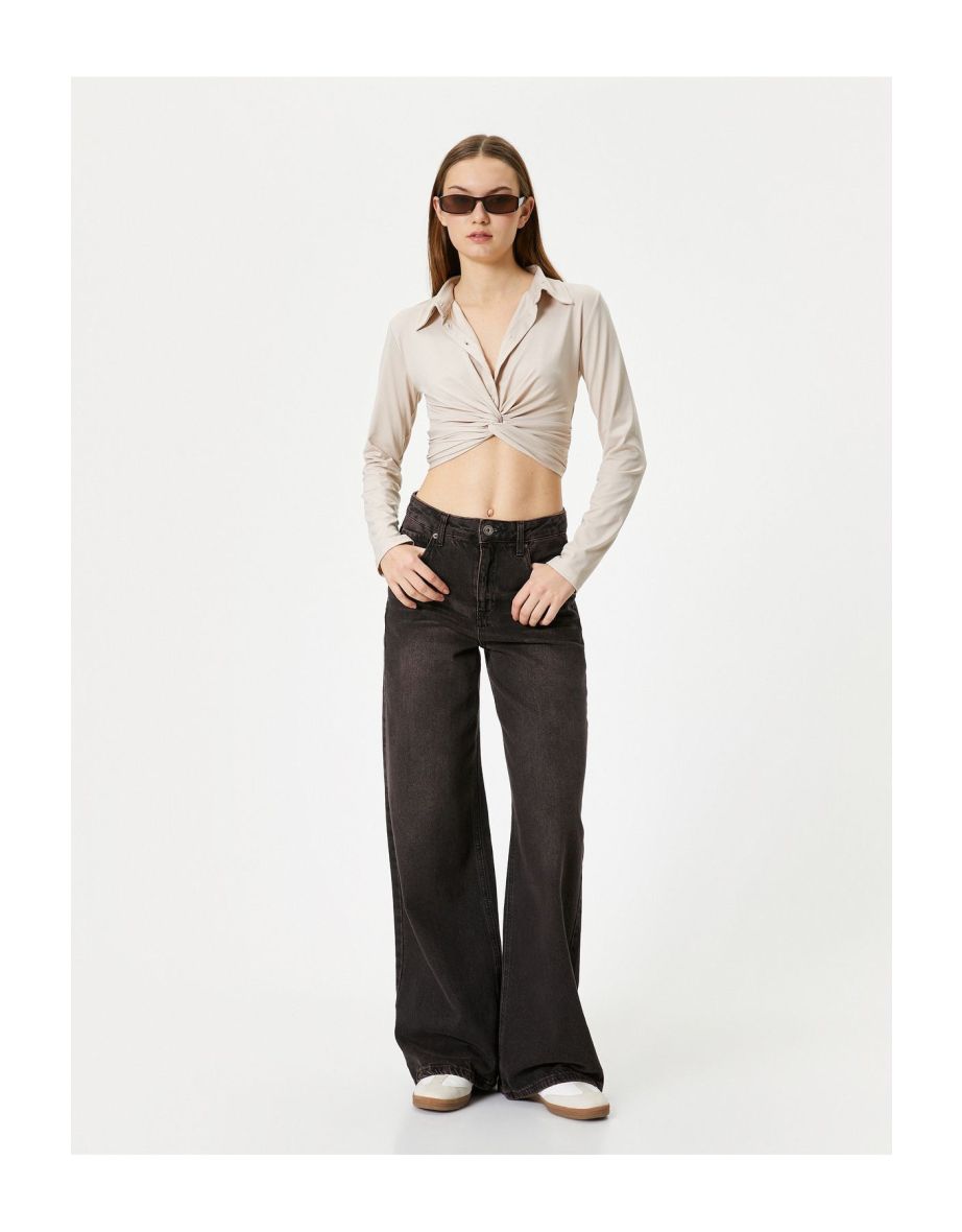 Double Breasted Knot Detailed Crop T-Shirt Long Sleeve Shirt Collar