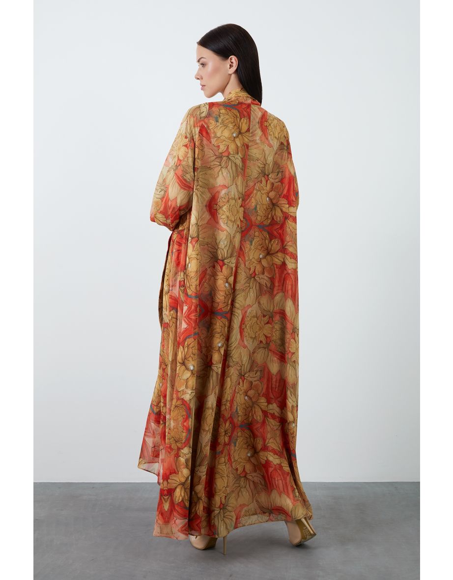Beige Chiffon Dress with Scarf Detail and Pattern - 3