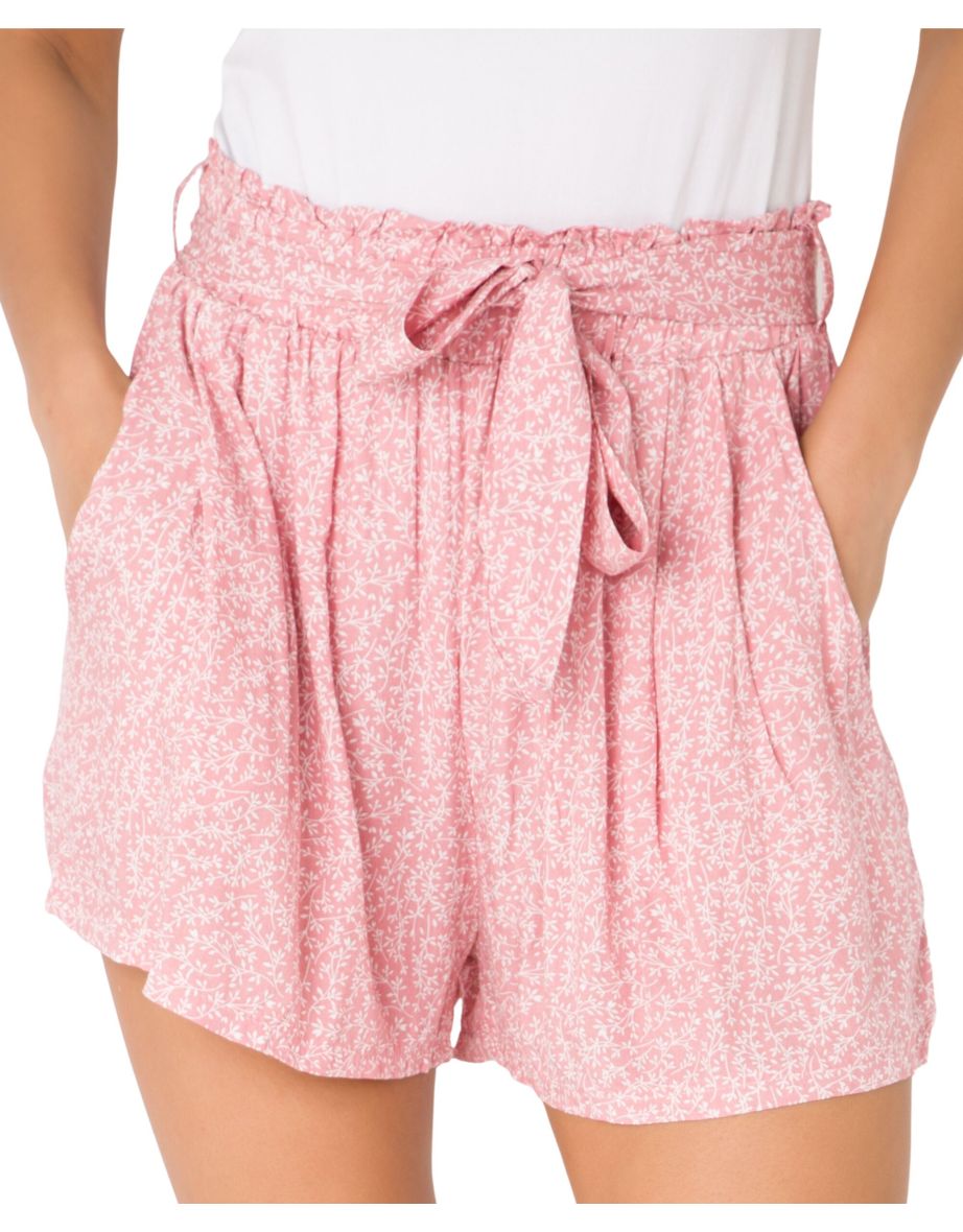 Tie Belted Waist White Leaf Print Shorts