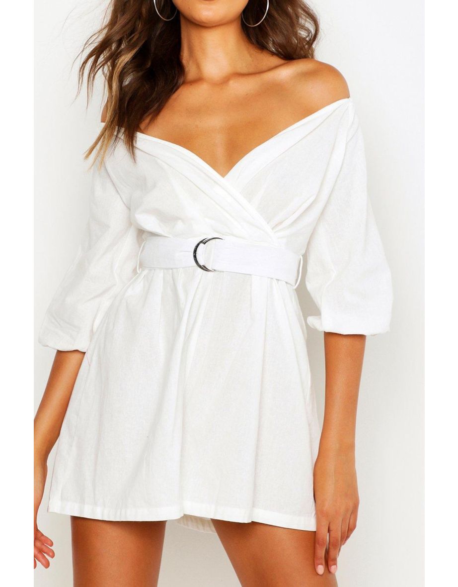 Tall Linen Look Mix Bardot Belted Wrap Playsuit - black - 3