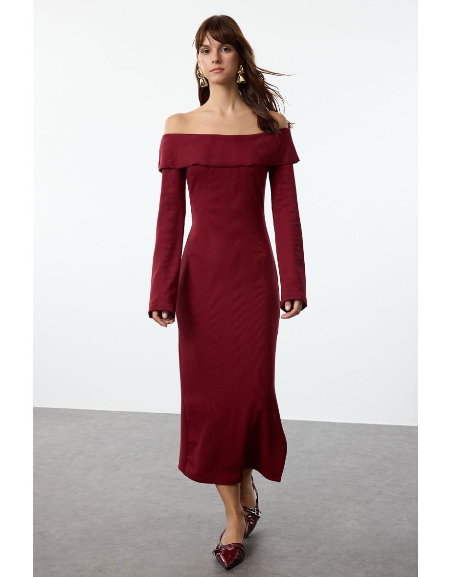 Claret Red Fitted Carmen Neck Soft Textured Midi Stretchy Knitted Pencil Dress
