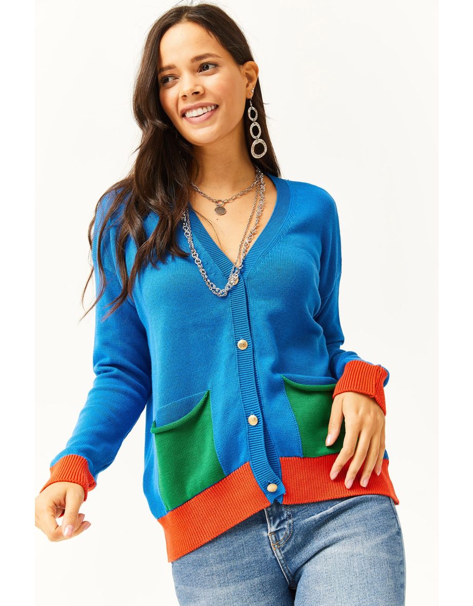 Women's Saxe Blue Color Pocket and Cuff Cotton Premium Cardigan