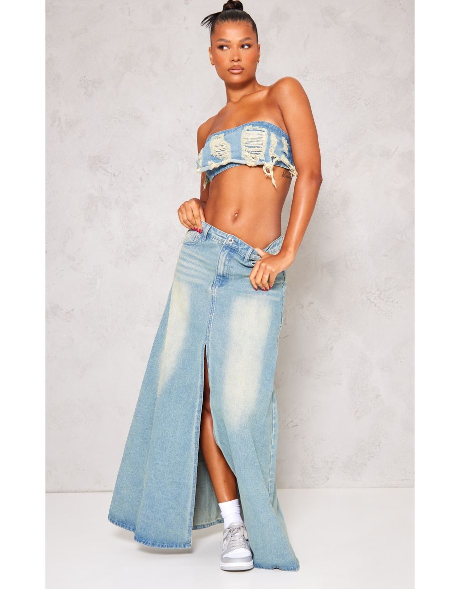 Vintage Mid Wash Split Front Drapey Denim Maxi Skirt