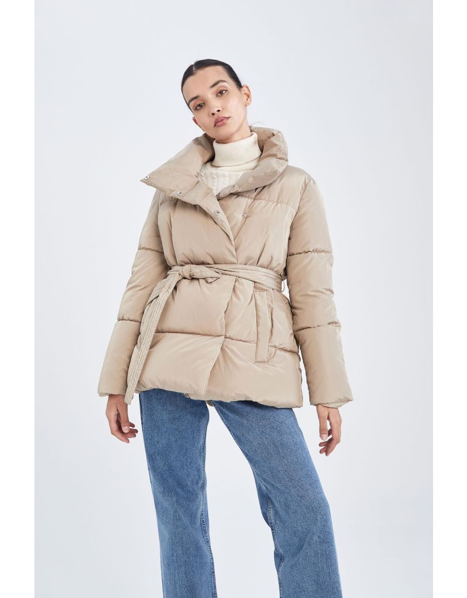 Waterproof Quilted Fabric Belted Coat - 7