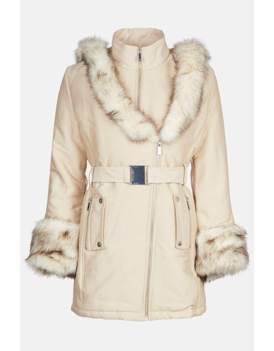 Faux Fur Collar Trim Parka Coat - 3