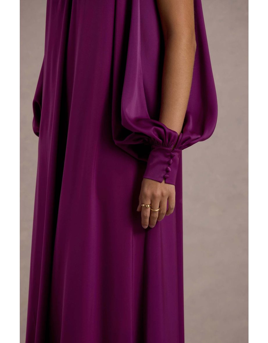 Baila | Mulberry Satin High-Neck Cape-Sleeve Maxi Dress - 6