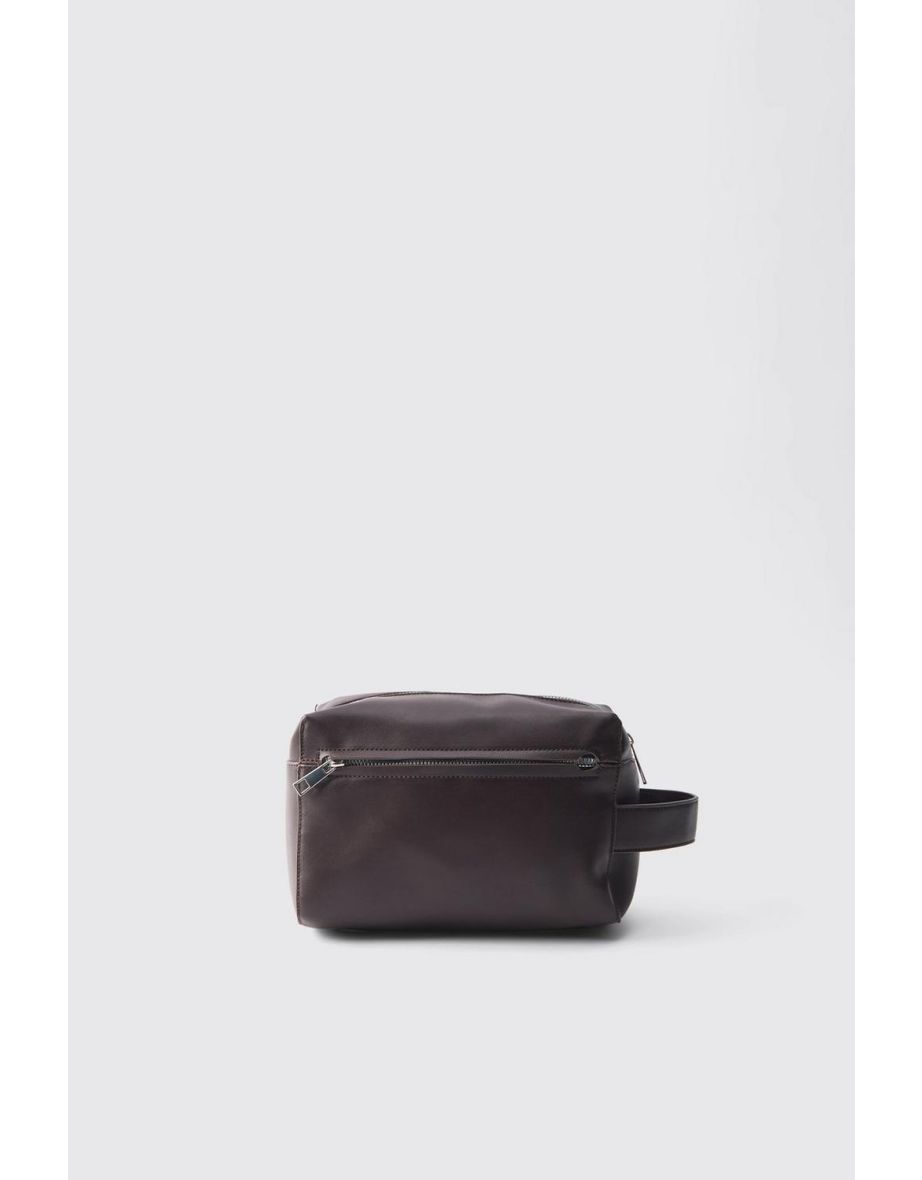 Faux Leather Wash Bag - brown