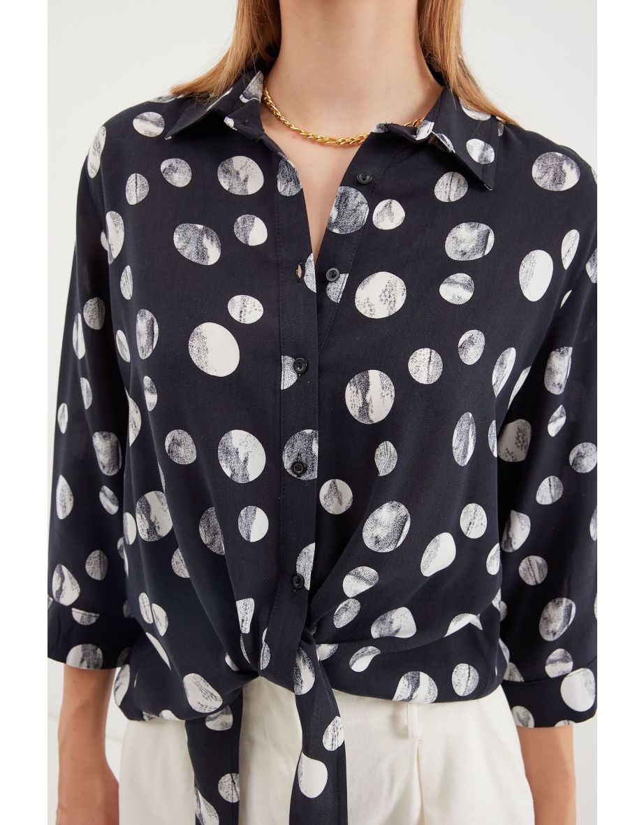 Tie Front Patterned Shirt - Black - 3