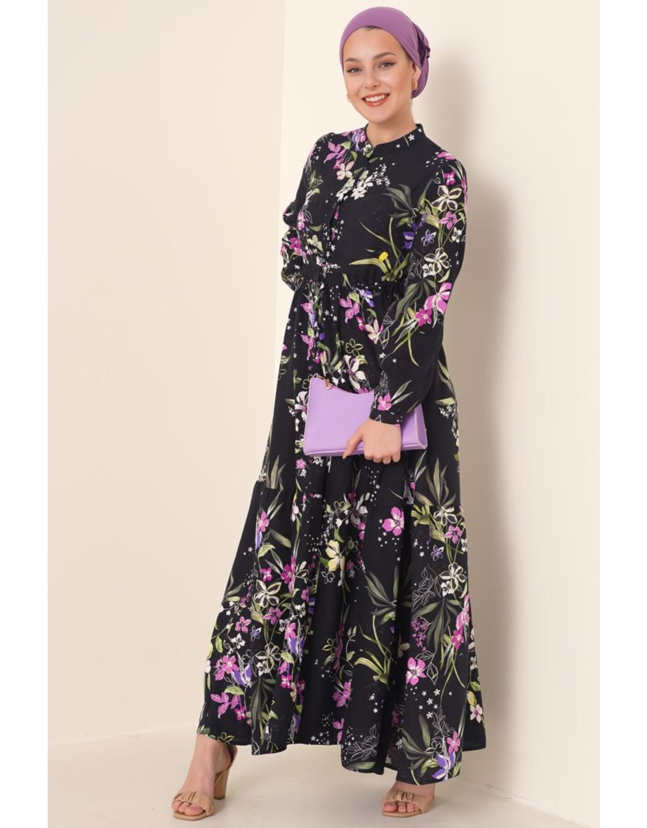Black Patterned Collar Hijab Dress