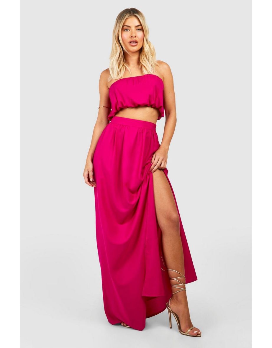Volume Bandeau & Split Side Maxi Skirt - hot pink