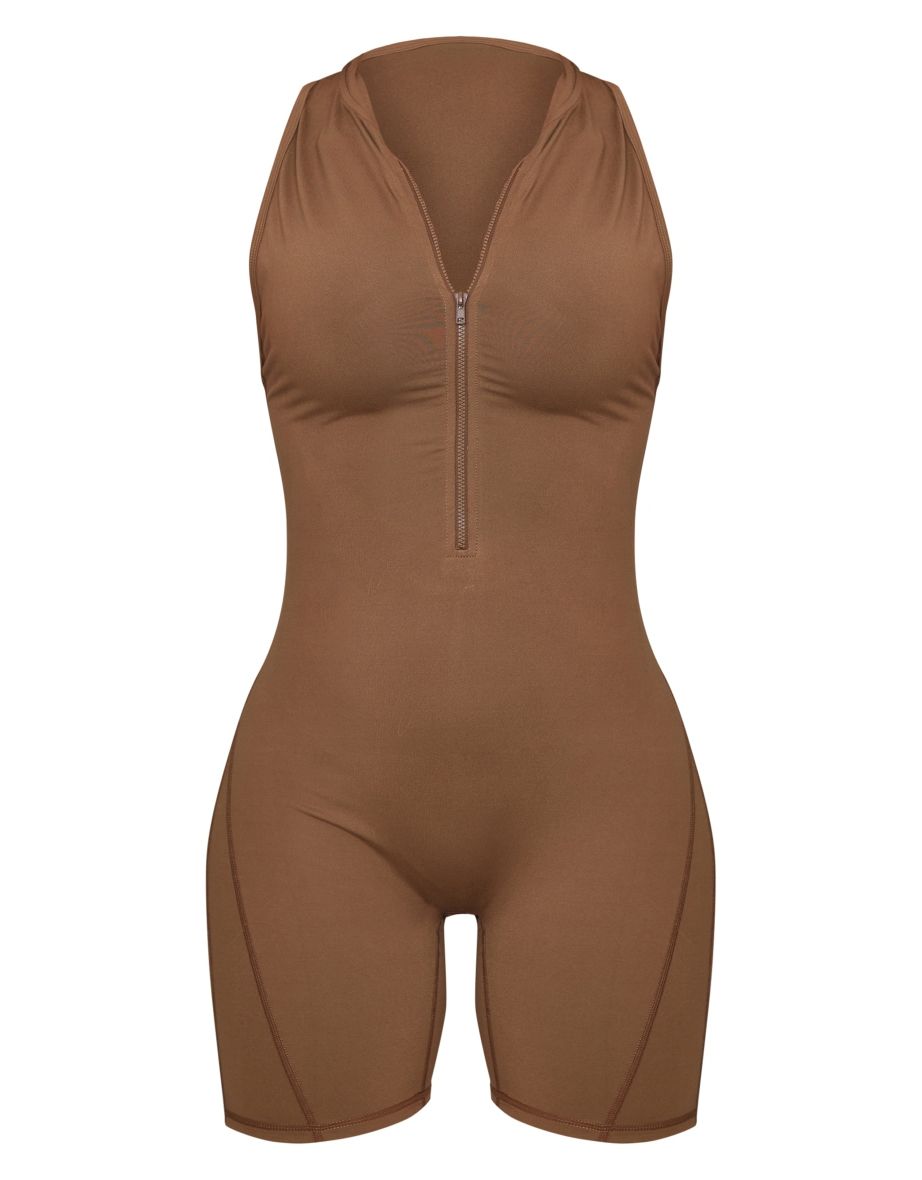 Caramel Sculpt Zip Front Racer Unitard - 4