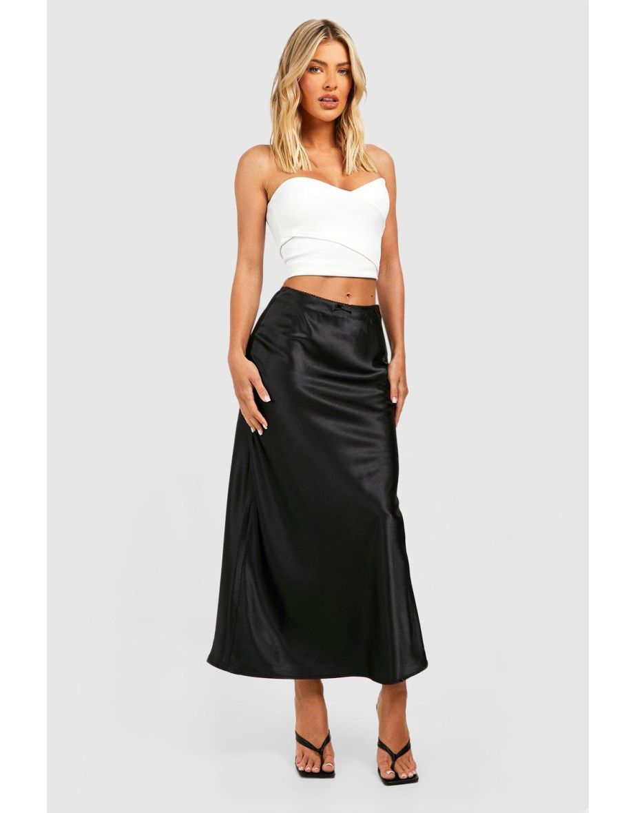 Lingerie Trim Satin Slip Maxi Skirt - black