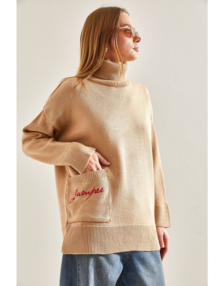 Women's Turtleneck Pocket Embroidery Embroidered Knitwear Sweater - 5