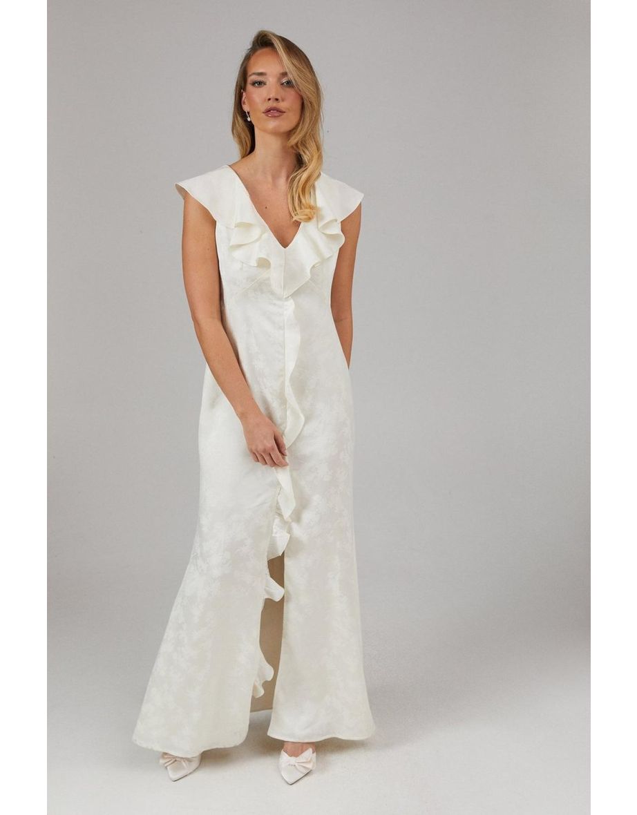 Satin Jacquard Ruffle V Neck Bridesmaids Dress