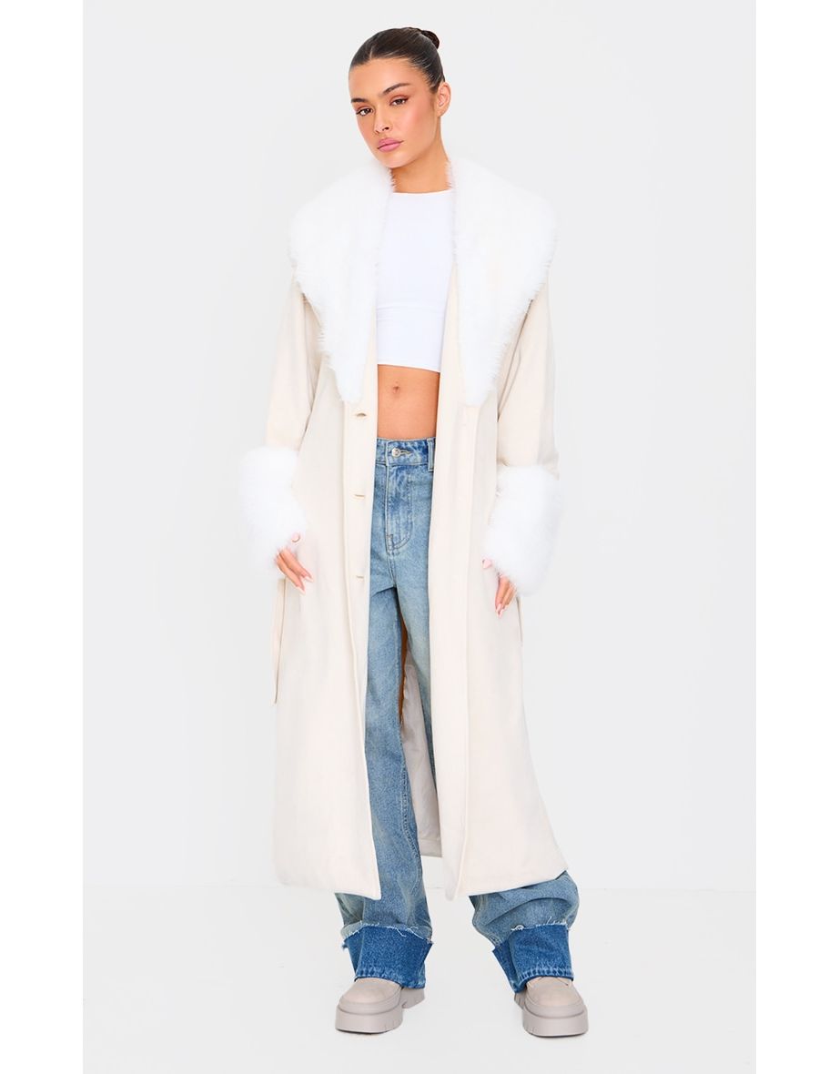 Sand Faux Fur Trim Contrast Faux Suede Coat