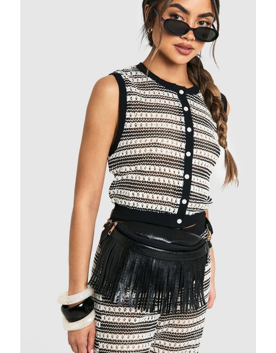 Textured Fringe Bum Bag - black